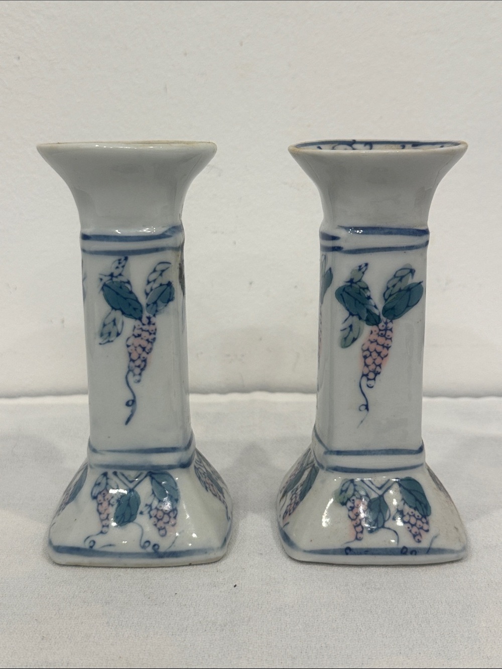 Vintage Chinese Porcelain Candlesticks Blue & White Pink Grape Vine Motif 5.5”